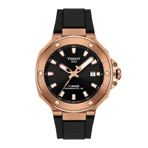 Tissot T-Race Mens Rose Tone Black Dial Black Rubber Strap Watch