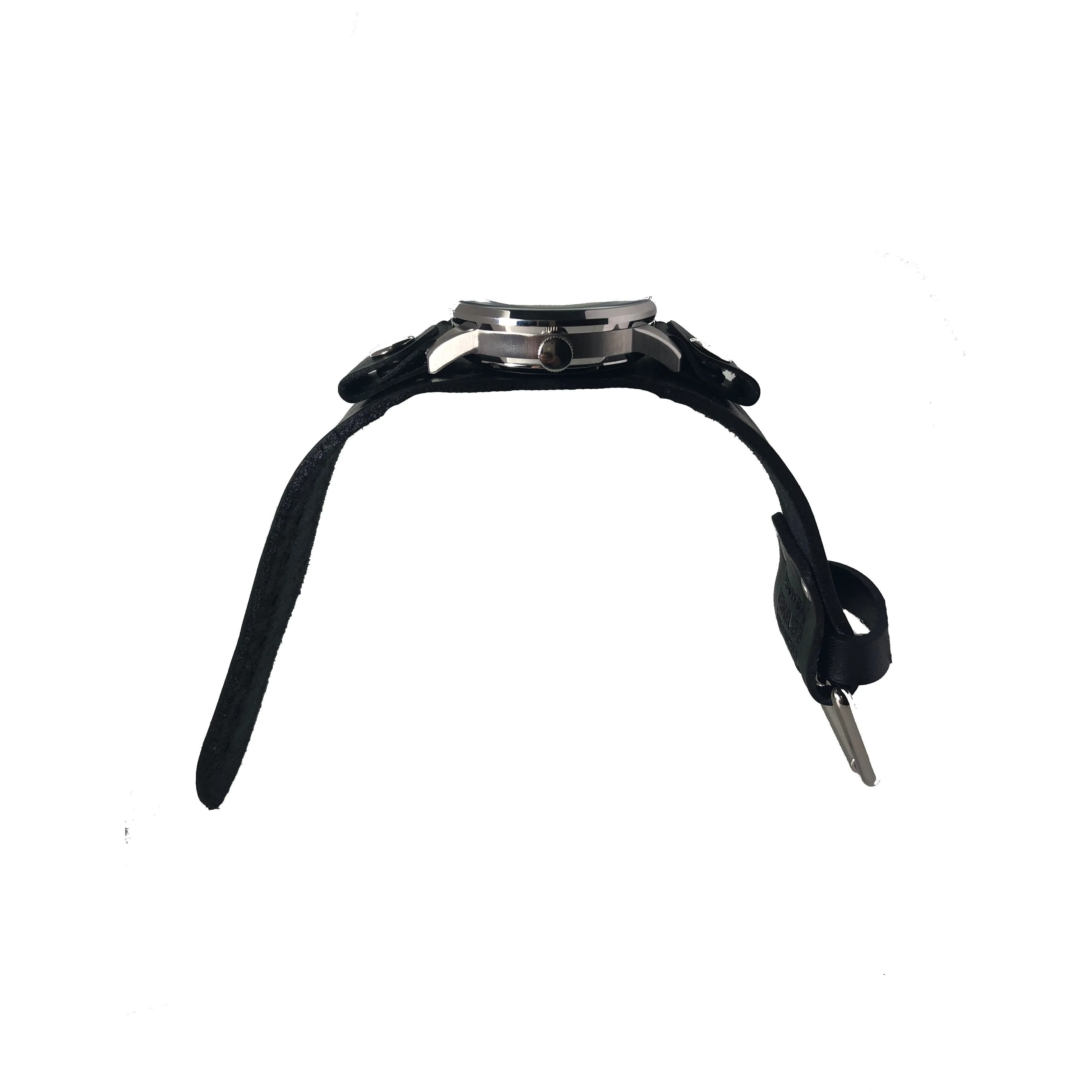 Tourbillon Day/Night Black and Silver Hand Watch with Black Leather Cuff