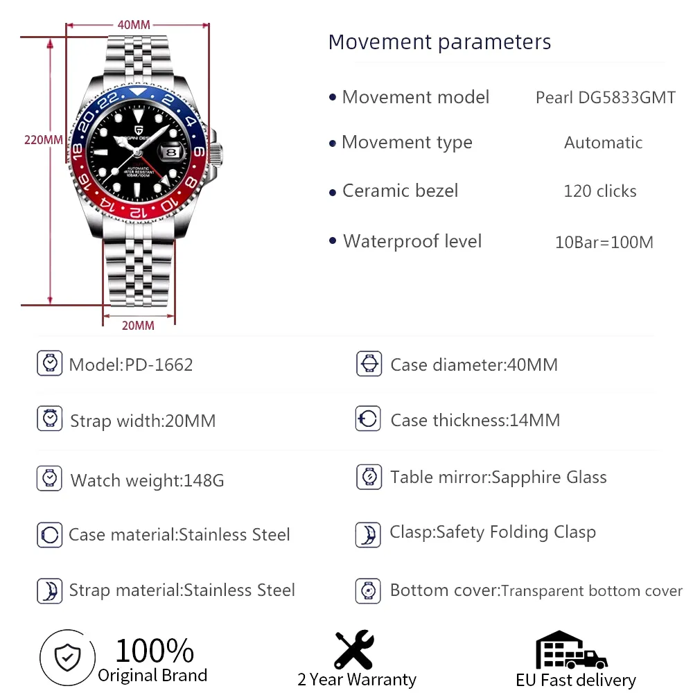 V3 Version GMT Watches Men'S Luxury Sapphire Automatic Mechanical Watch 40MM Stainless Steel Waterproof Watch