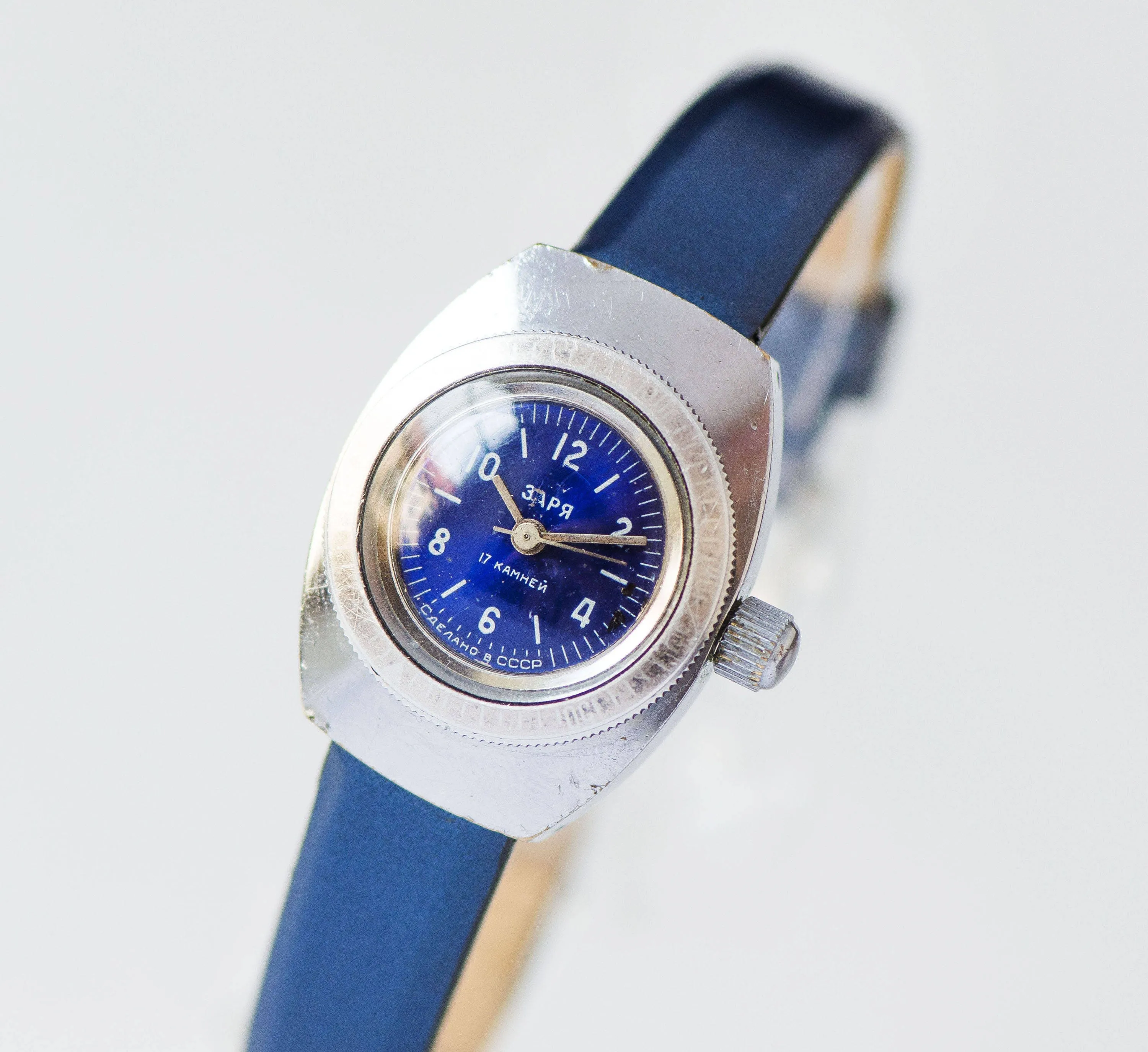 Vintage amphibian women watch Zaria Dawn, water resistant lady watch very rare, lady's diver watch navy blue gift, new luxury leather strap