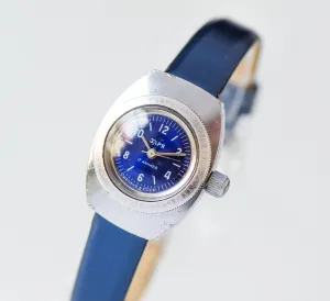 Vintage amphibian women watch Zaria Dawn, water resistant lady watch very rare, lady's diver watch navy blue gift, new luxury leather strap