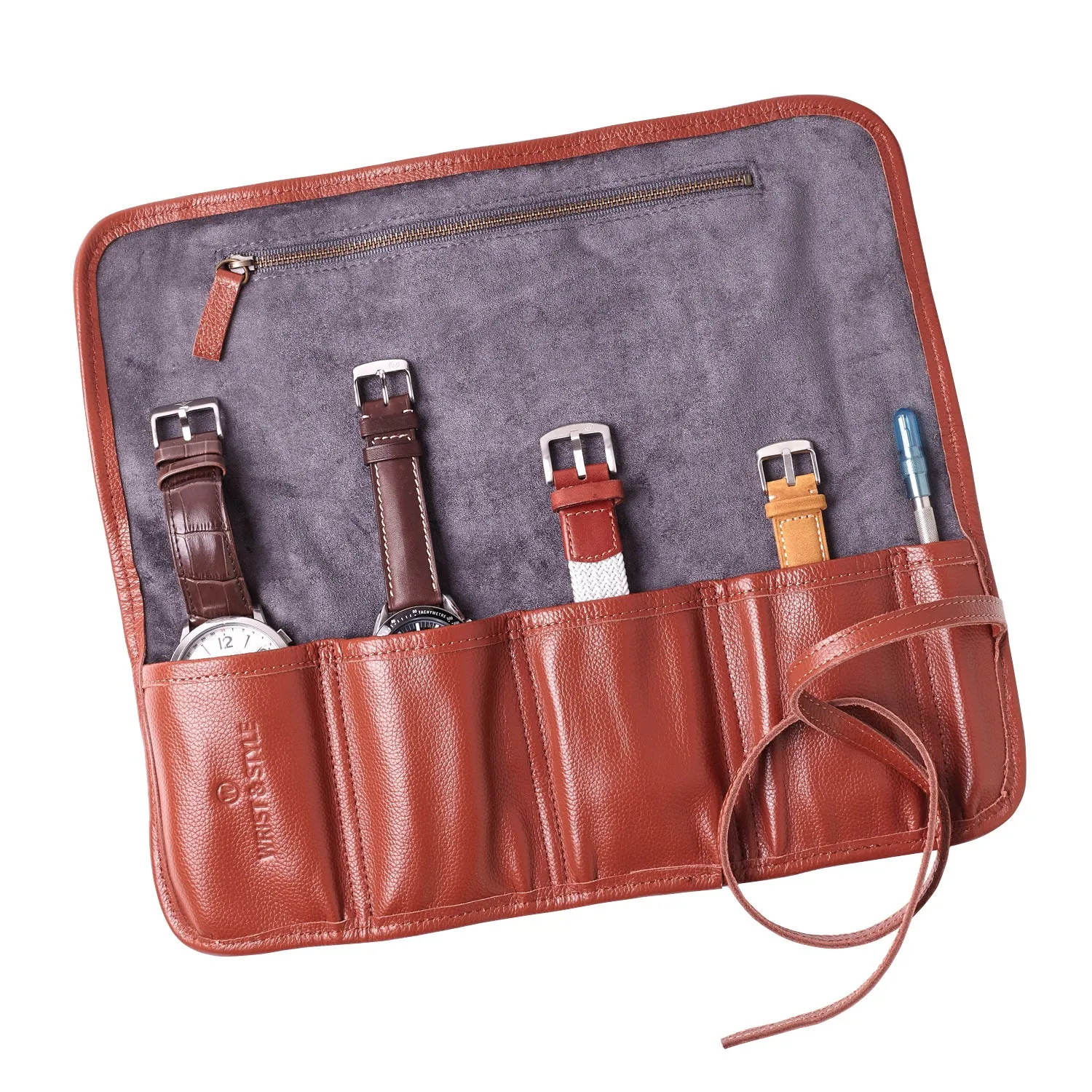 W&S Watch Roll - Brown Leather | Grey Wool - 4 Slot