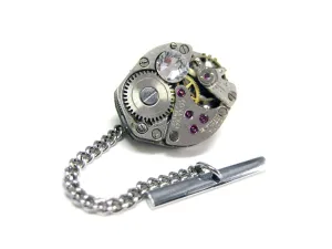 Watch Gear Steampunk Tie Tack with Clear Swarovski Crystals