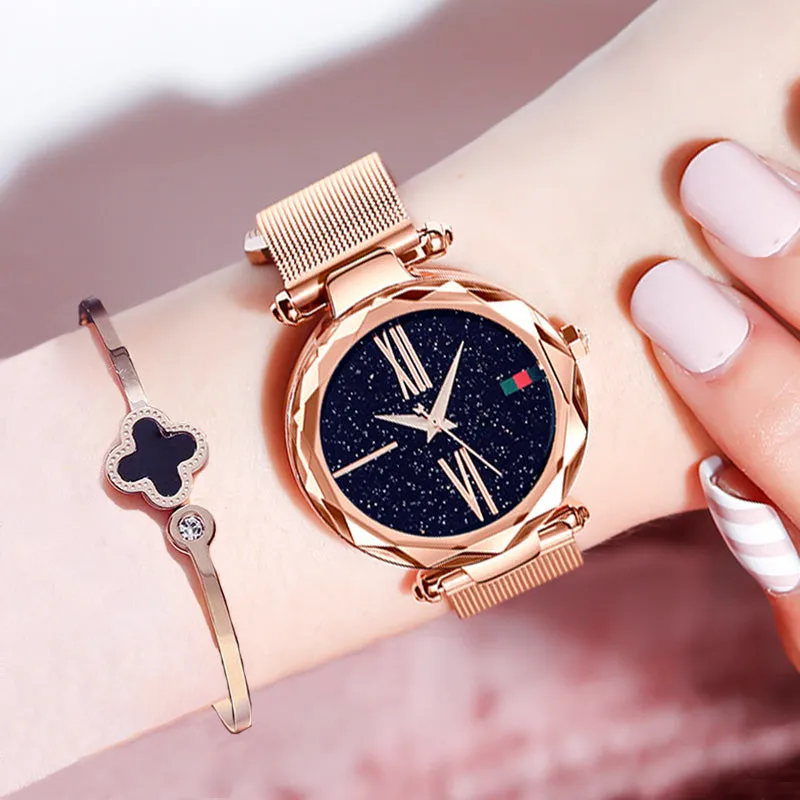 Watch Luxury Rose Gold Women Magnet Buckle Fashion Waterproof Roman numerals