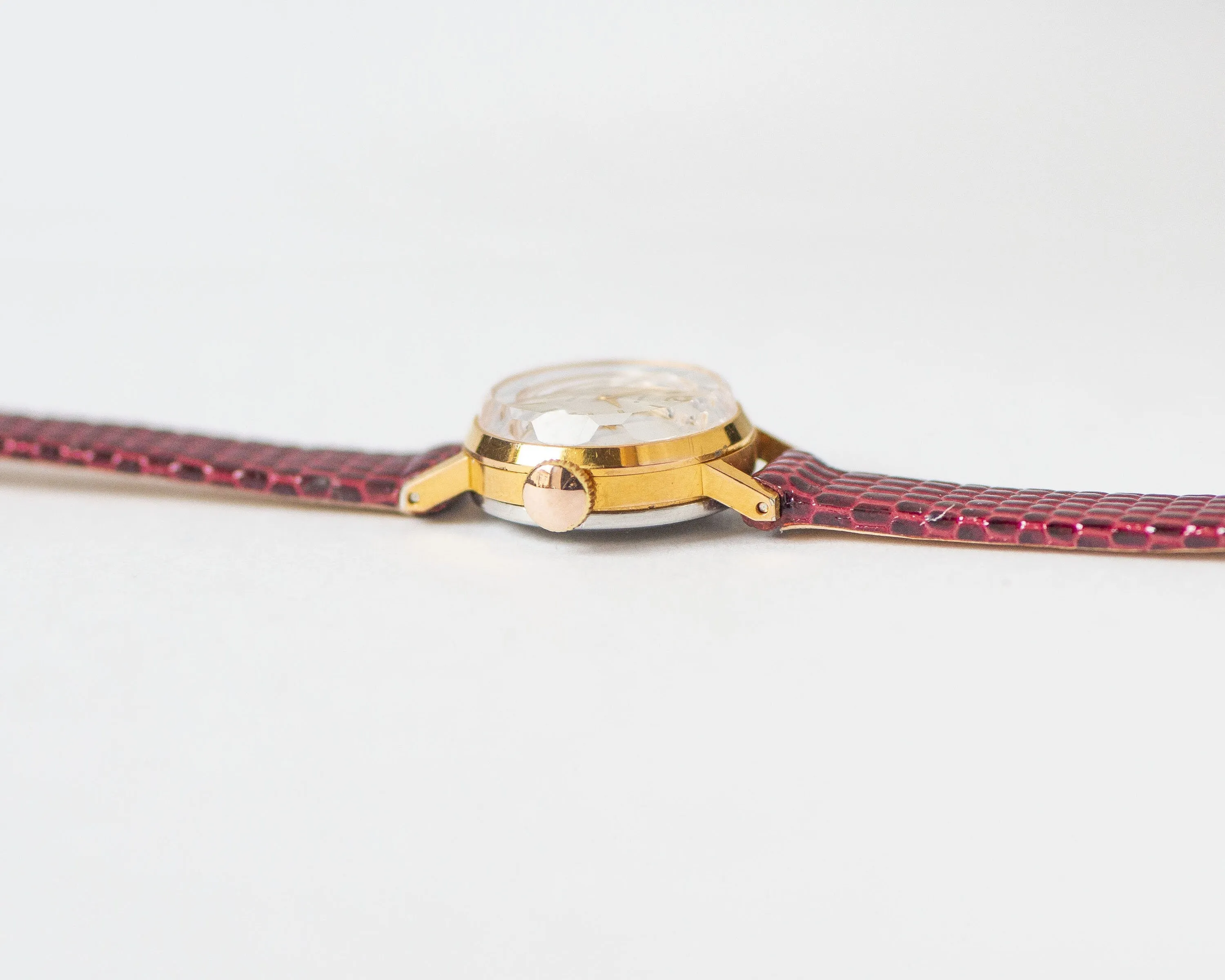 Women wristwatch gold plated Seagull vintage, chic watch feminine jewelry gift, micro watch angular cover rare, new genuine leather strap