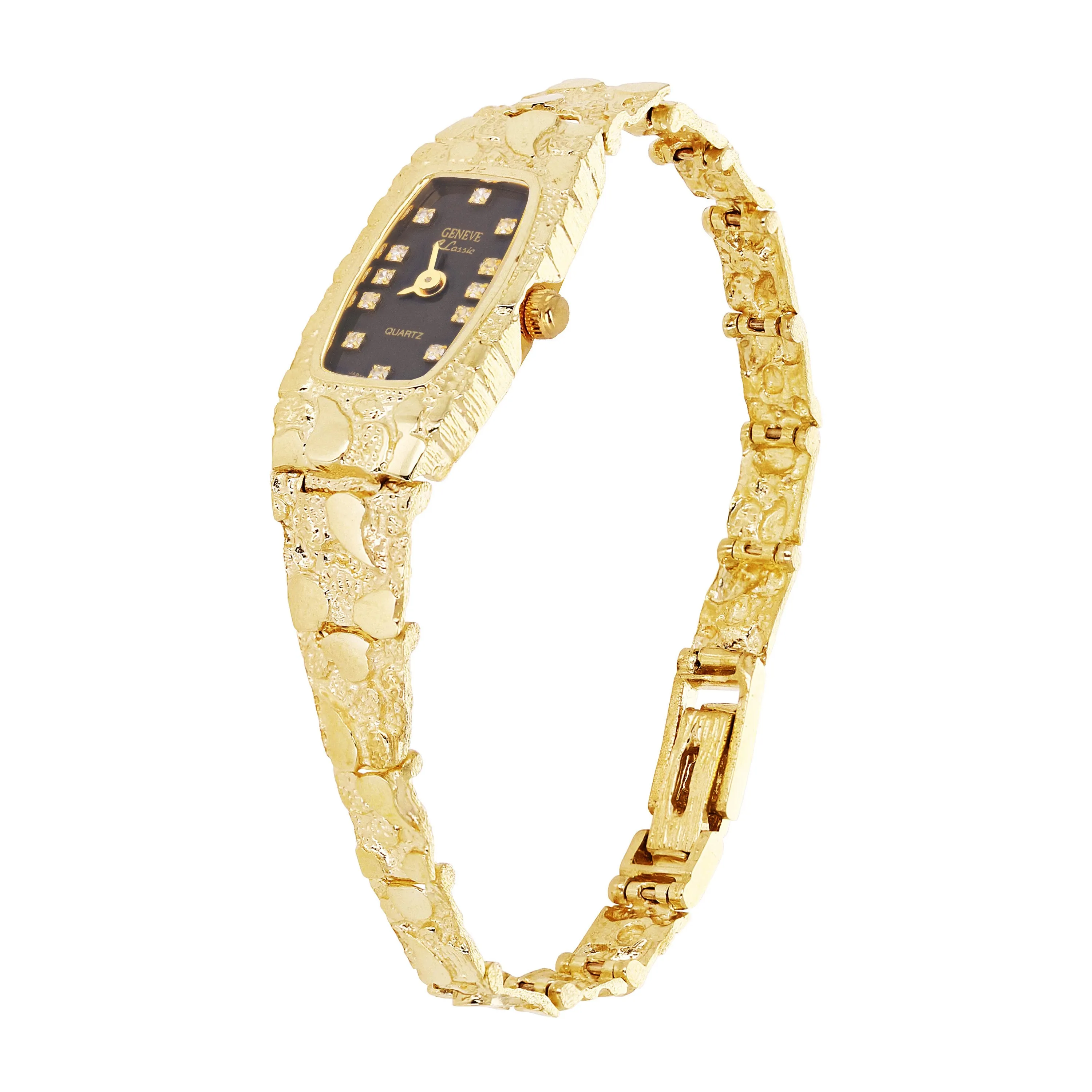 Women's 10k Yellow Gold Nugget Band Bracelet Geneve Watch with Diamonds 6" - 8"