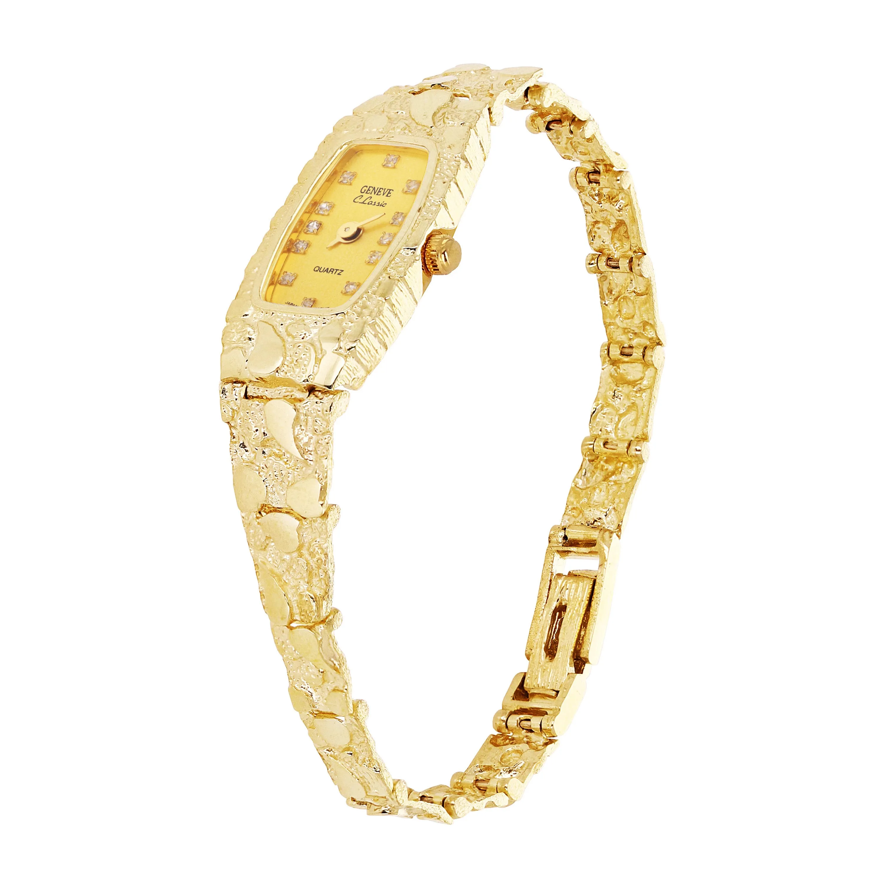 Women's 10k Yellow Gold Nugget Band Bracelet Geneve Watch with Diamonds 6" - 8"