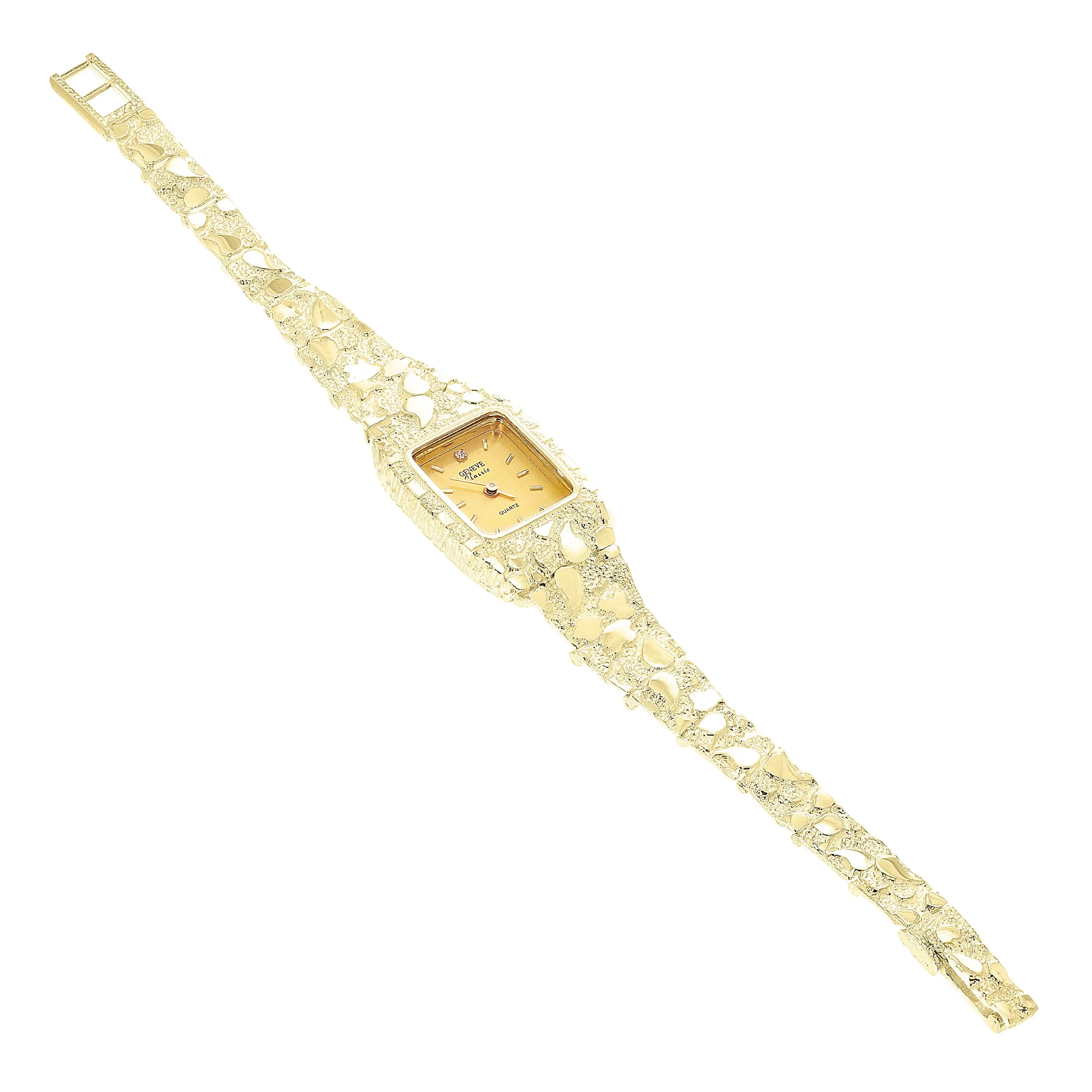 Women's 10k Yellow Gold Nugget Bracelet Link Wrist Band Geneve Diamond Watch 7"