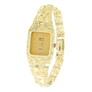 Women's 10k Yellow Gold Nugget Bracelet Link Wrist Band Geneve Diamond Watch 7"