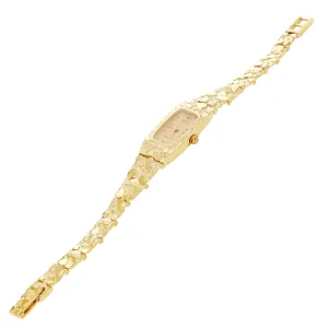 Women's 10k Yellow Gold Nugget Link Bracelet Geneve Watch with Diamond 6.5-7"