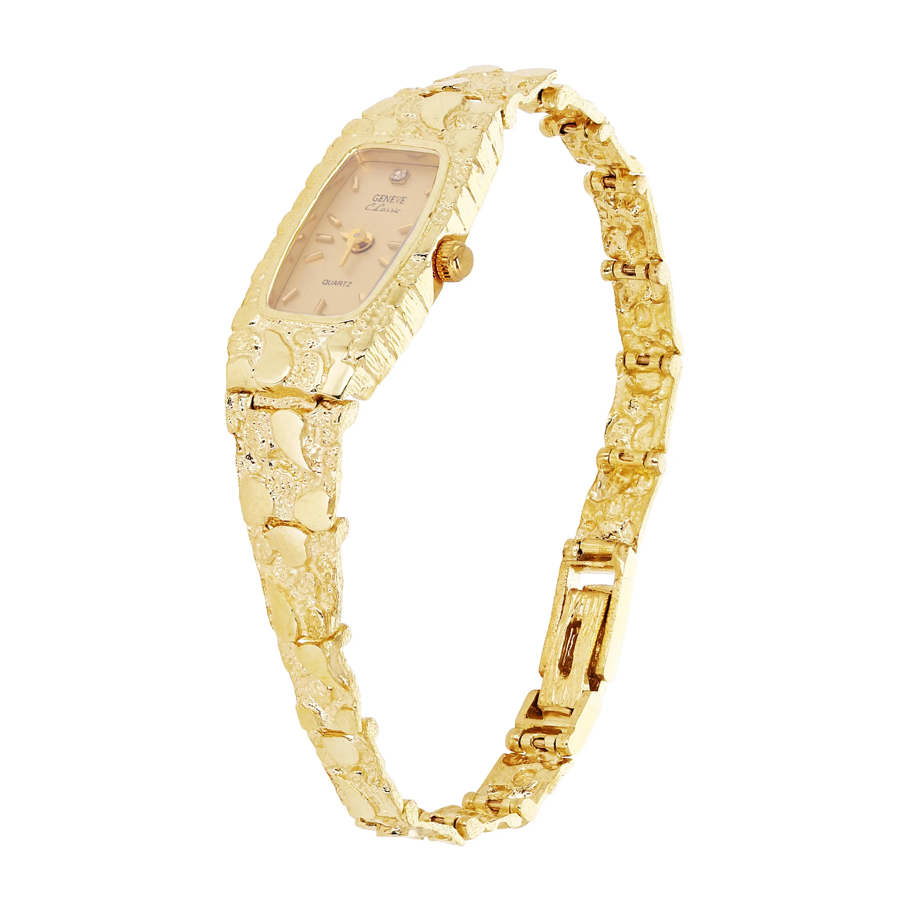 Women's 10k Yellow Gold Nugget Link Bracelet Geneve Watch with Diamond 6.5-7"