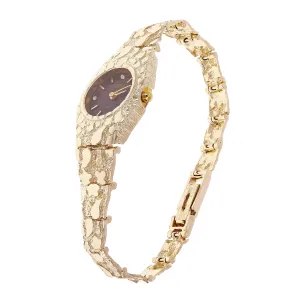Women's 14k Yellow Gold Nugget Link Bracelet Geneve Wrist Watch with Diamonds 7"
