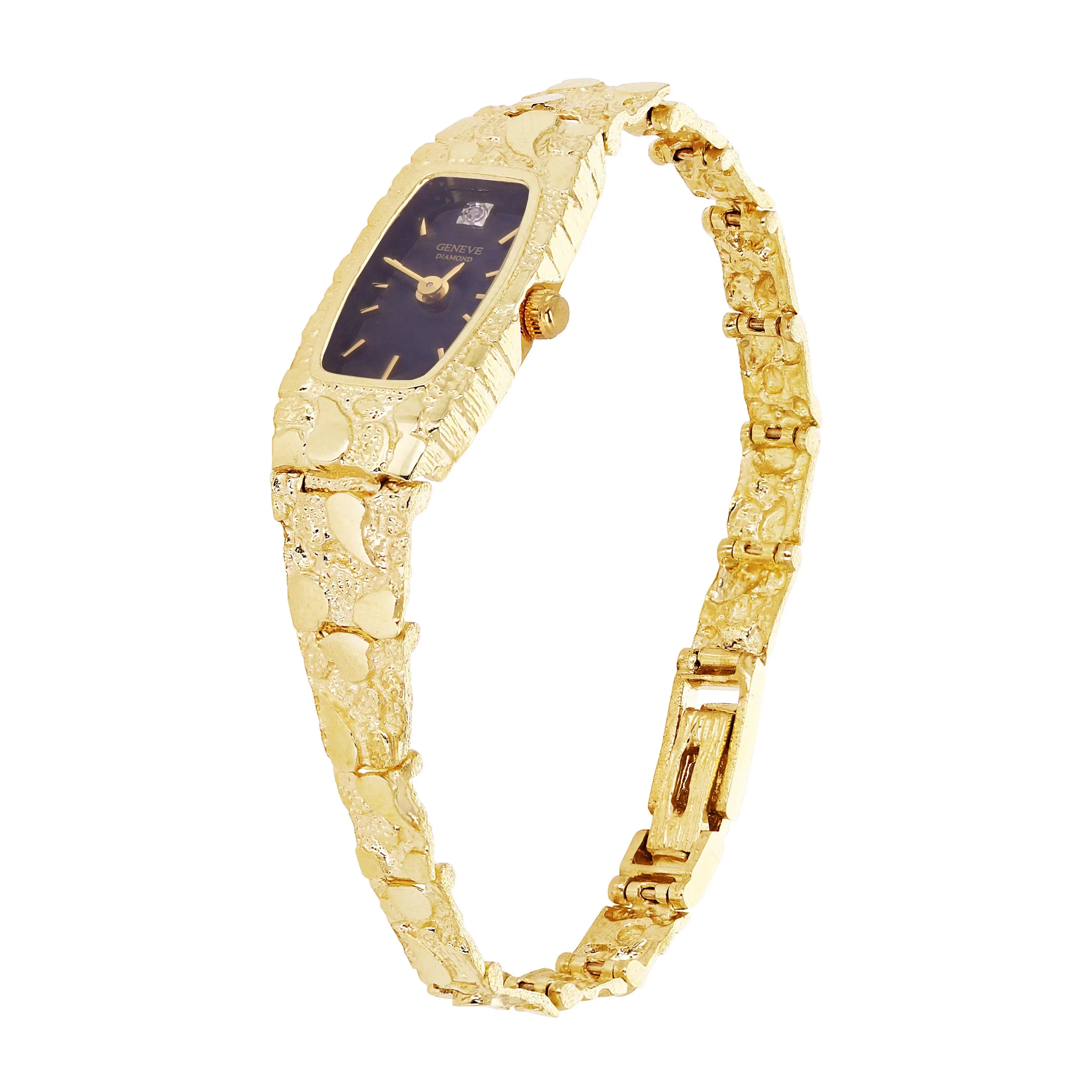 Women's 14k Yellow Gold Nugget Link Wrist Band with Geneve Diamond Watch 6.5"-7"
