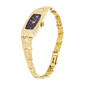 Women's 14k Yellow Gold Nugget Link Wrist Band with Geneve Diamond Watch 6.5"-7"