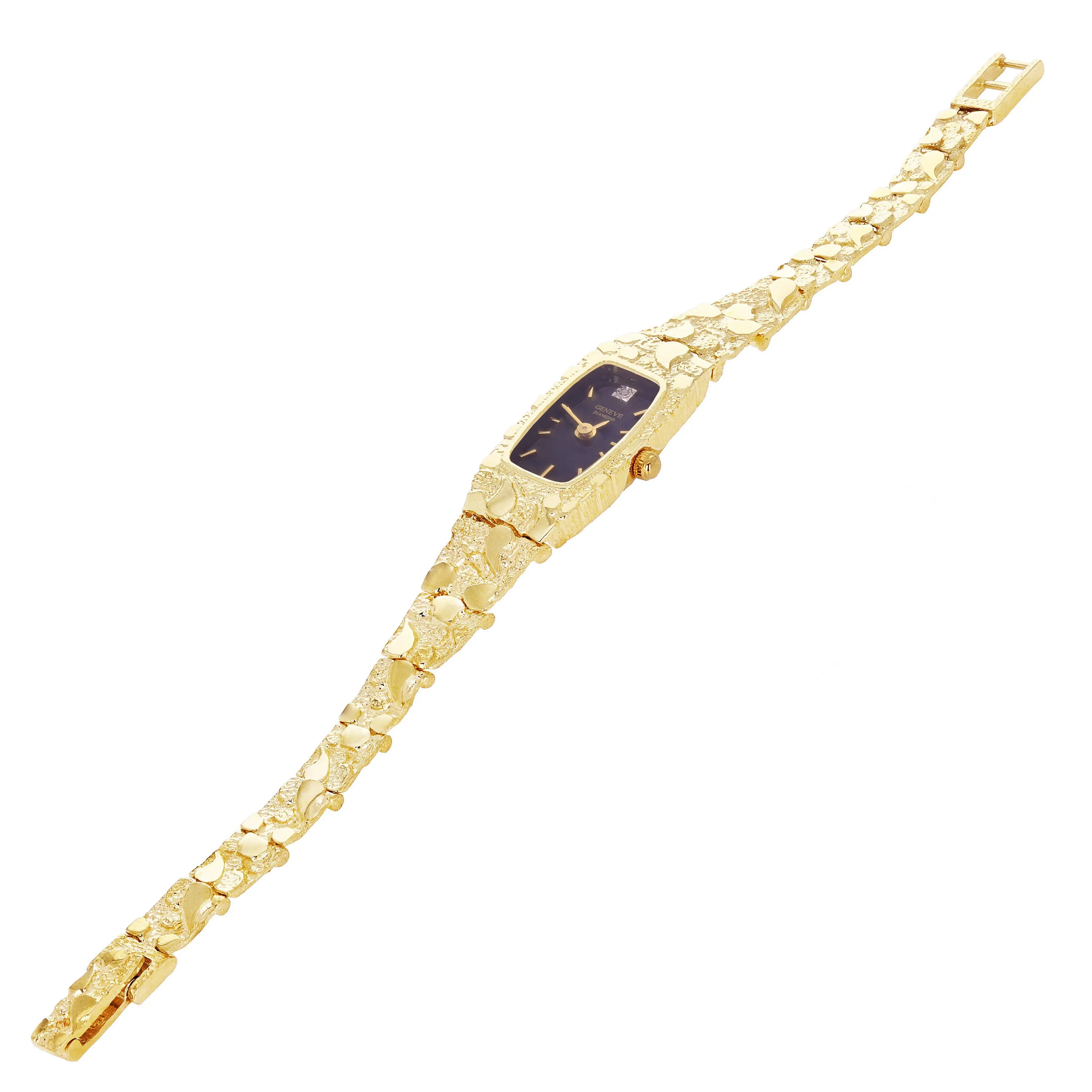 Women's 14k Yellow Gold Nugget Link Wrist Band with Geneve Diamond Watch 6.5"-7"