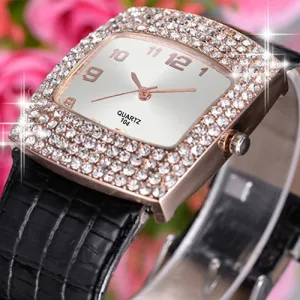 Women's Trendy Square Case Wrist Watch With Rhinestones