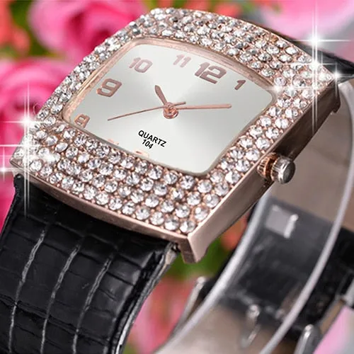 Women's Trendy Square Case Wrist Watch With Rhinestones