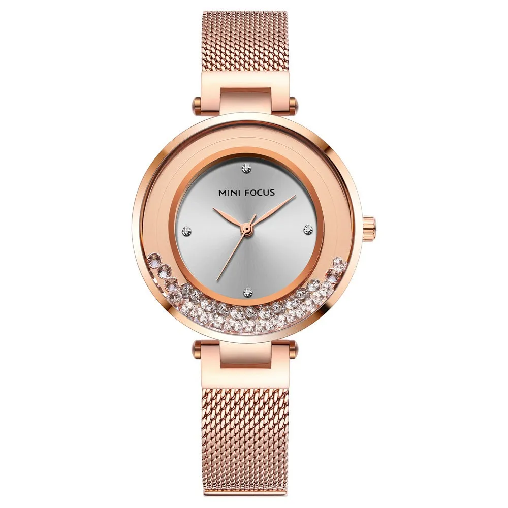 Women's watch with diamond inlaid steel mesh belt