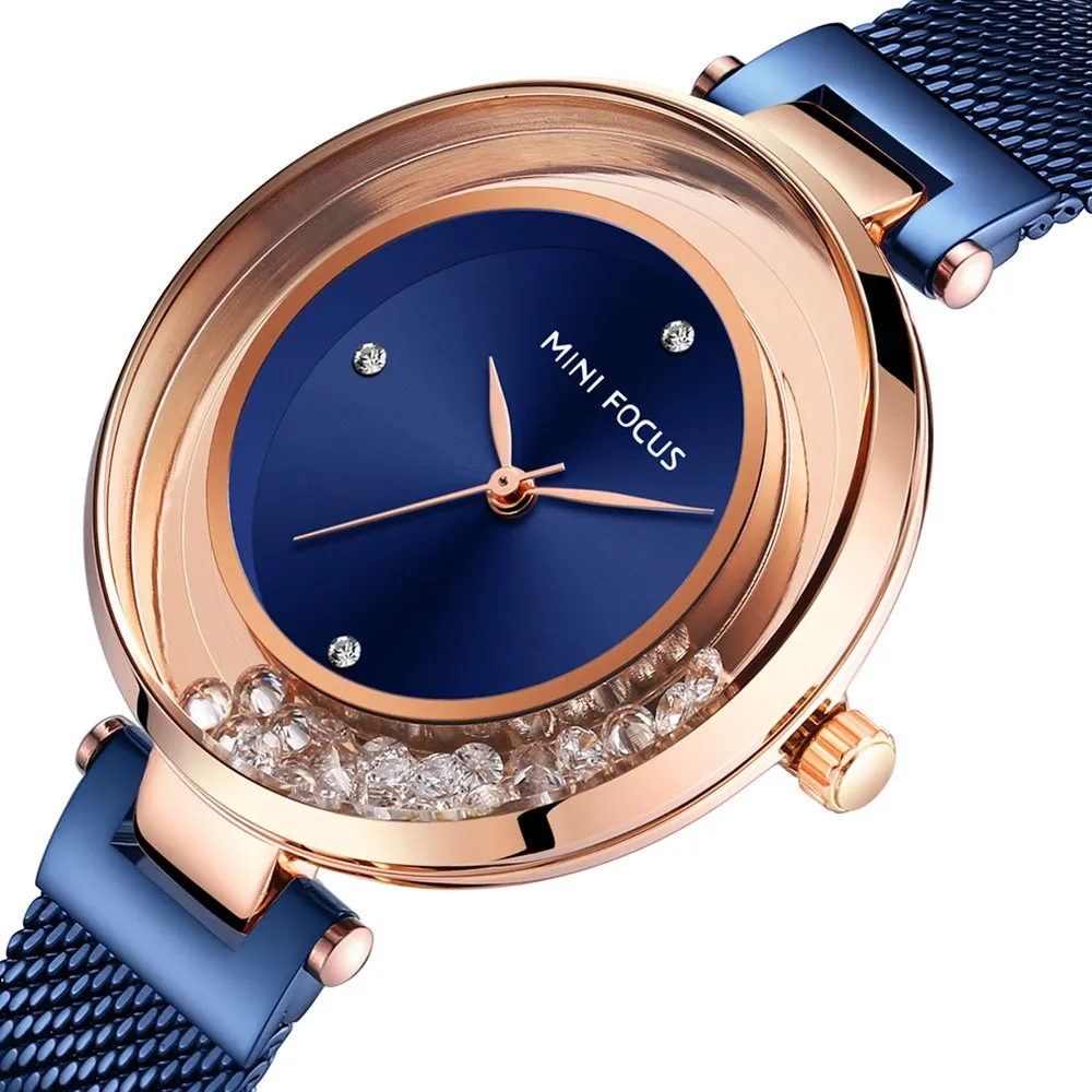 Women's watch with diamond inlaid steel mesh belt
