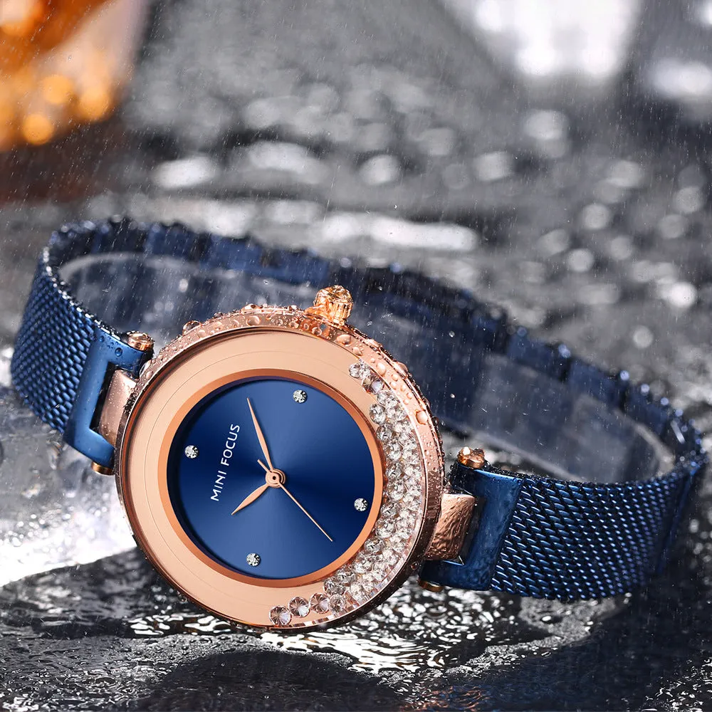 Women's watch with diamond inlaid steel mesh belt