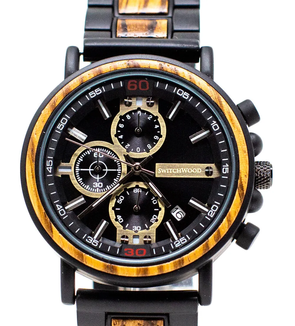 Zebra Chrono - Matte Black Stainless Steel & Zebra Wood Watch by Switchwood