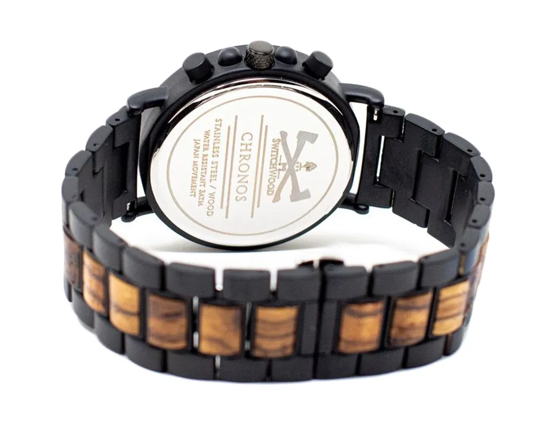 Zebra Chrono - Matte Black Stainless Steel & Zebra Wood Watch by Switchwood